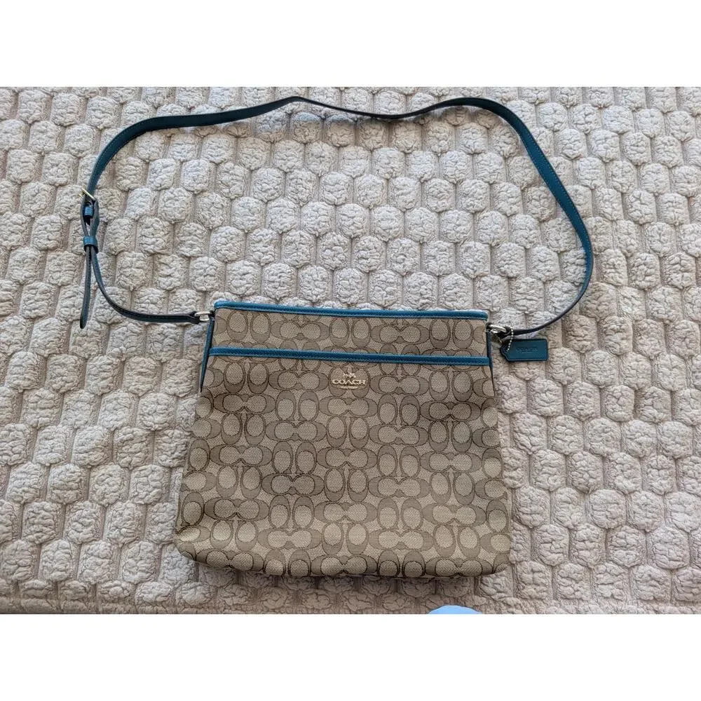 Coach File Crossbody Bag Signature Canvas Purse Brown Teal Adjustable Strap - Picture 3 of 10